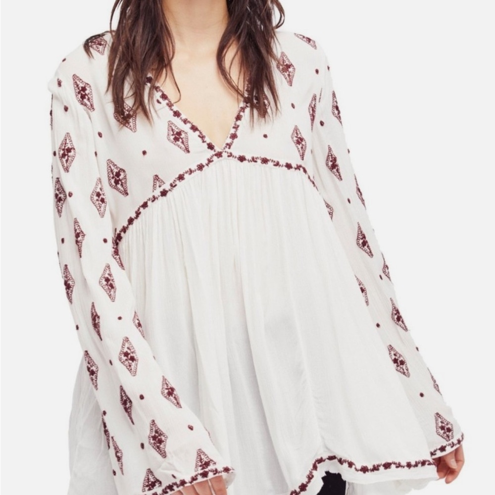 Free People Ivory Embroidered Bell Sleeve Tunic Top/Dress Size S